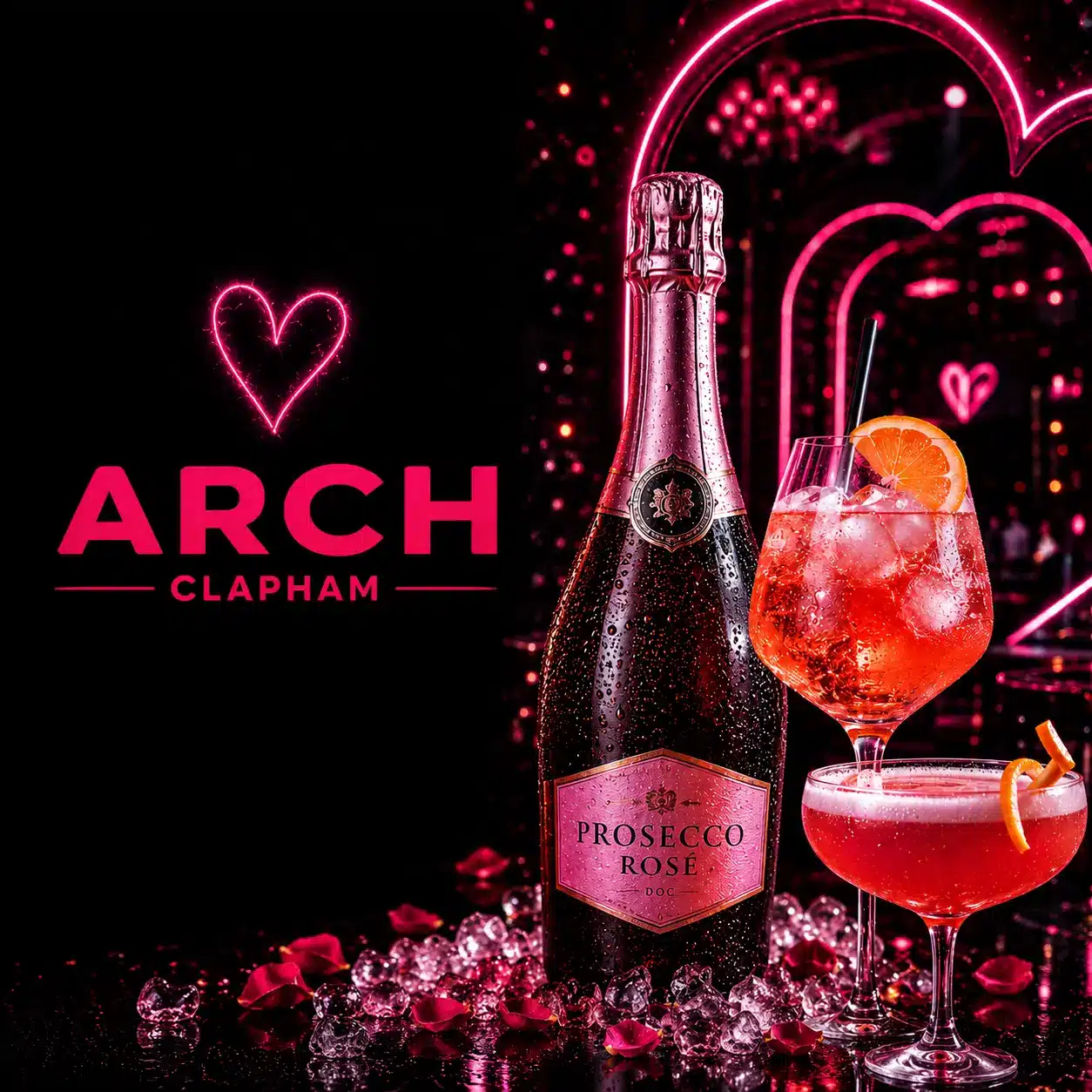 Neon-style Date Night at ARCH Clapham poster with a glowing pink heart and arrow, promoting Monday drinks deals including £20 Prosecco Rosé.