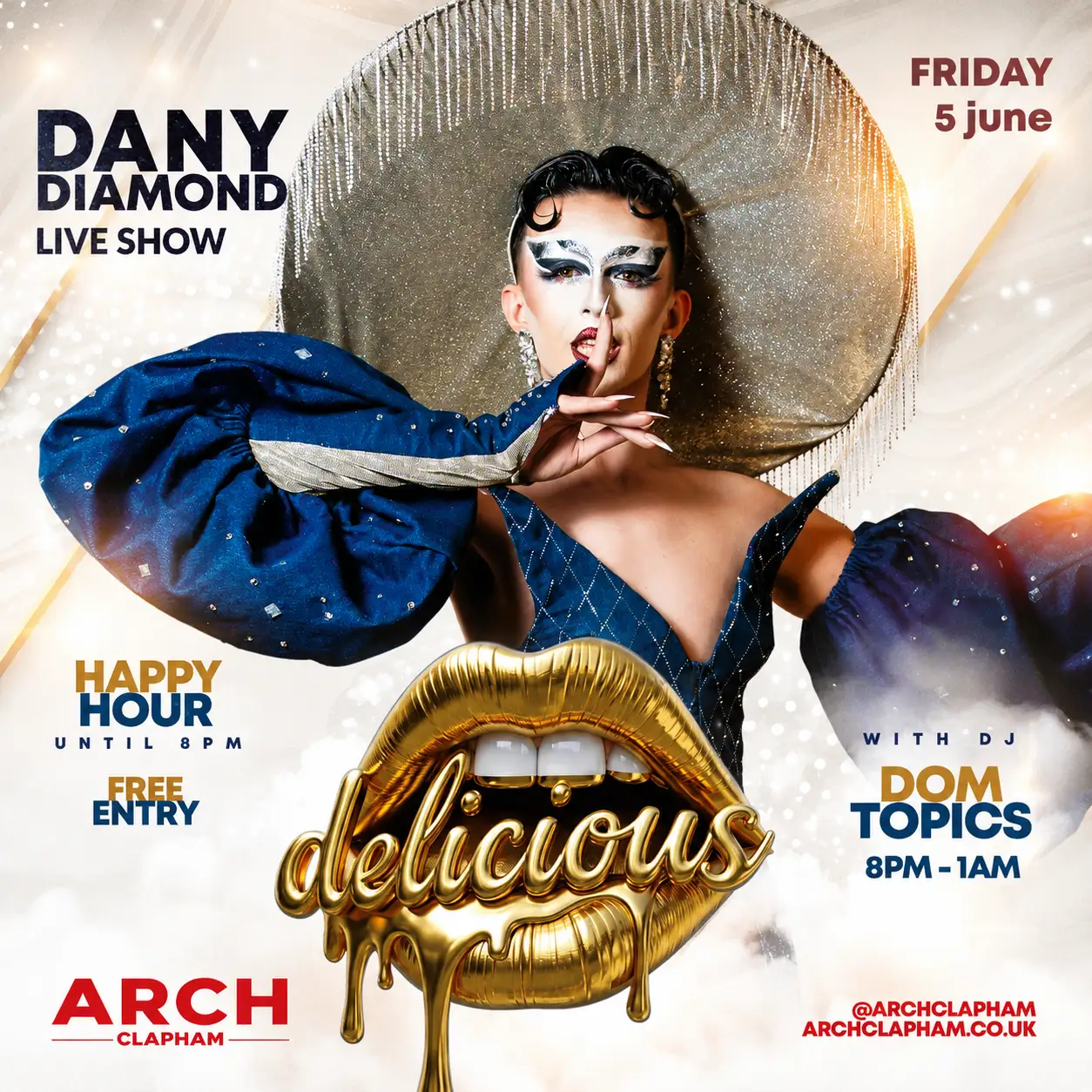 Promotional poster for Delicious Friday at Arch Clapham featuring a drag performer and DJ, vibrant colours, event details and party atmosphere.