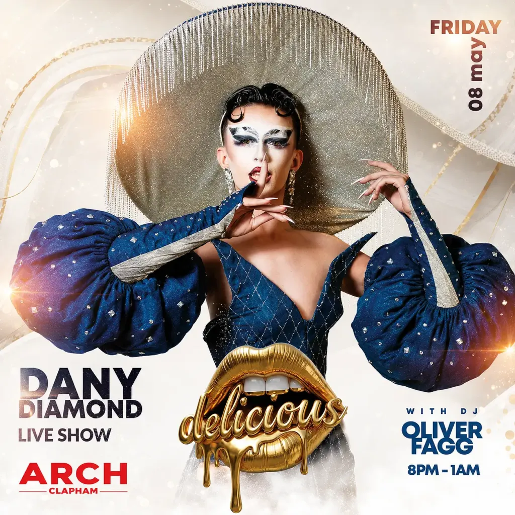 Promotional poster for Delicious Friday at Arch Clapham featuring a drag performer and DJ, vibrant colours, event details and party atmosphere.