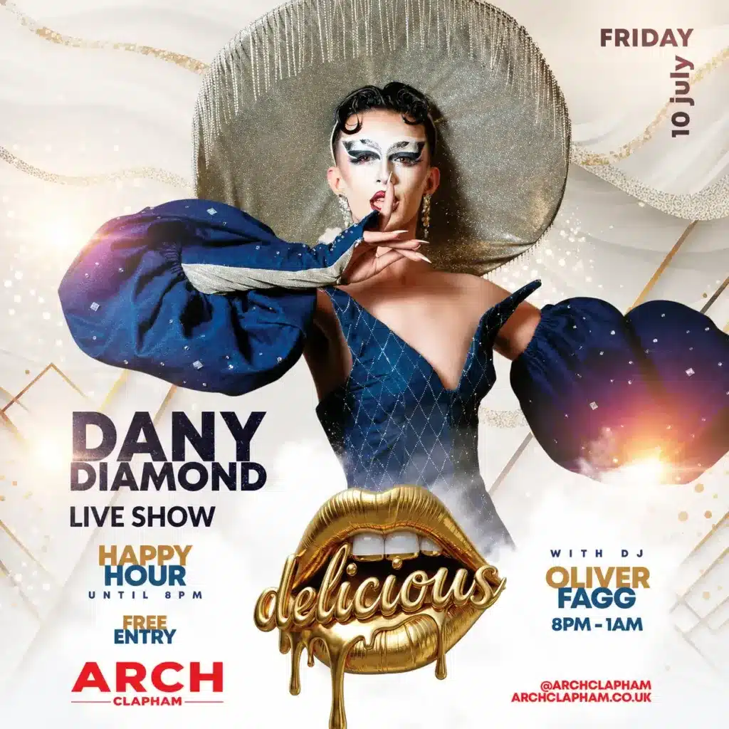 Promotional poster for Delicious Friday at Arch Clapham featuring a drag performer and DJ, vibrant colours, event details and party atmosphere.