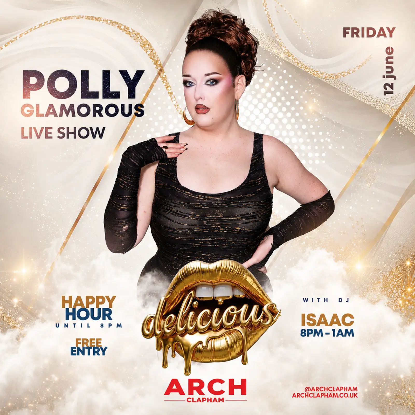 Promotional poster for Delicious Friday at Arch Clapham featuring a drag performer and DJ, vibrant colours, event details and party atmosphere.