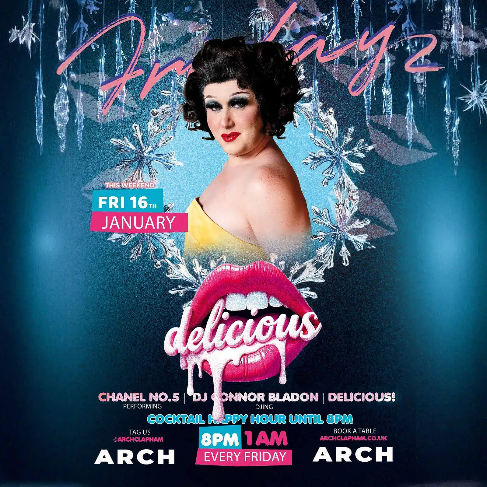 Promotional poster for Delicious Boxing Day at Arch Clapham featuring a drag performer and DJ, vibrant colours, event details and party atmosphere.