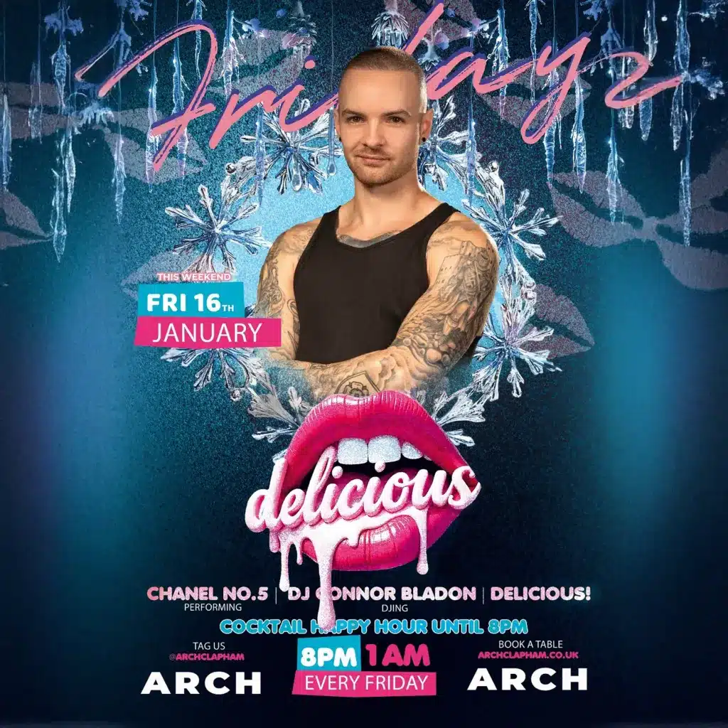 Promotional poster for Delicious Boxing Day at Arch Clapham featuring a drag performer and DJ, vibrant colours, event details and party atmosphere.