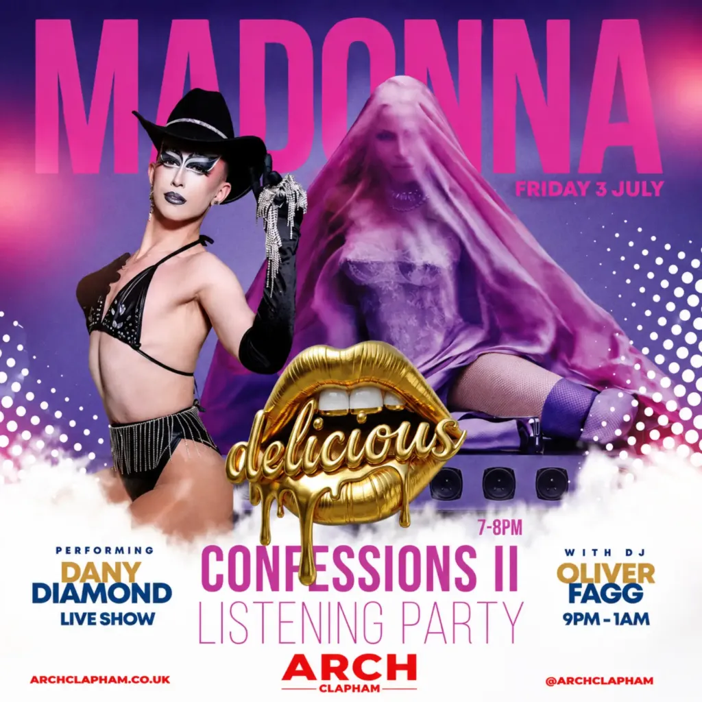 Promotional poster for Delicious Friday at Arch Clapham featuring a drag performer and DJ, vibrant colours, event details and party atmosphere.