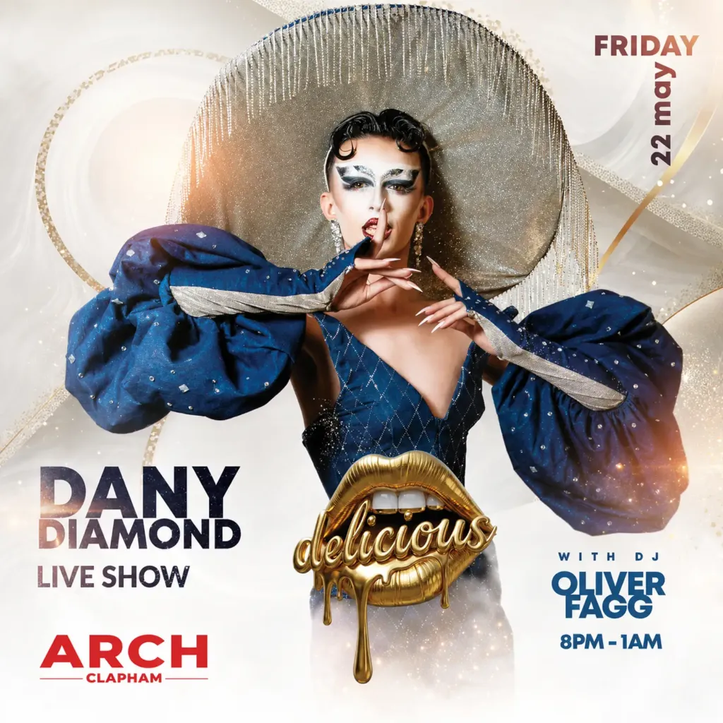 Promotional poster for Delicious Friday at Arch Clapham featuring a drag performer and DJ, vibrant colours, event details and party atmosphere.