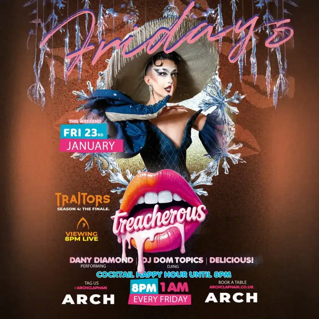 Promotional poster for Delicious at Arch Clapham featuring a drag performer and DJ, vibrant colours, event details and party atmosphere.
