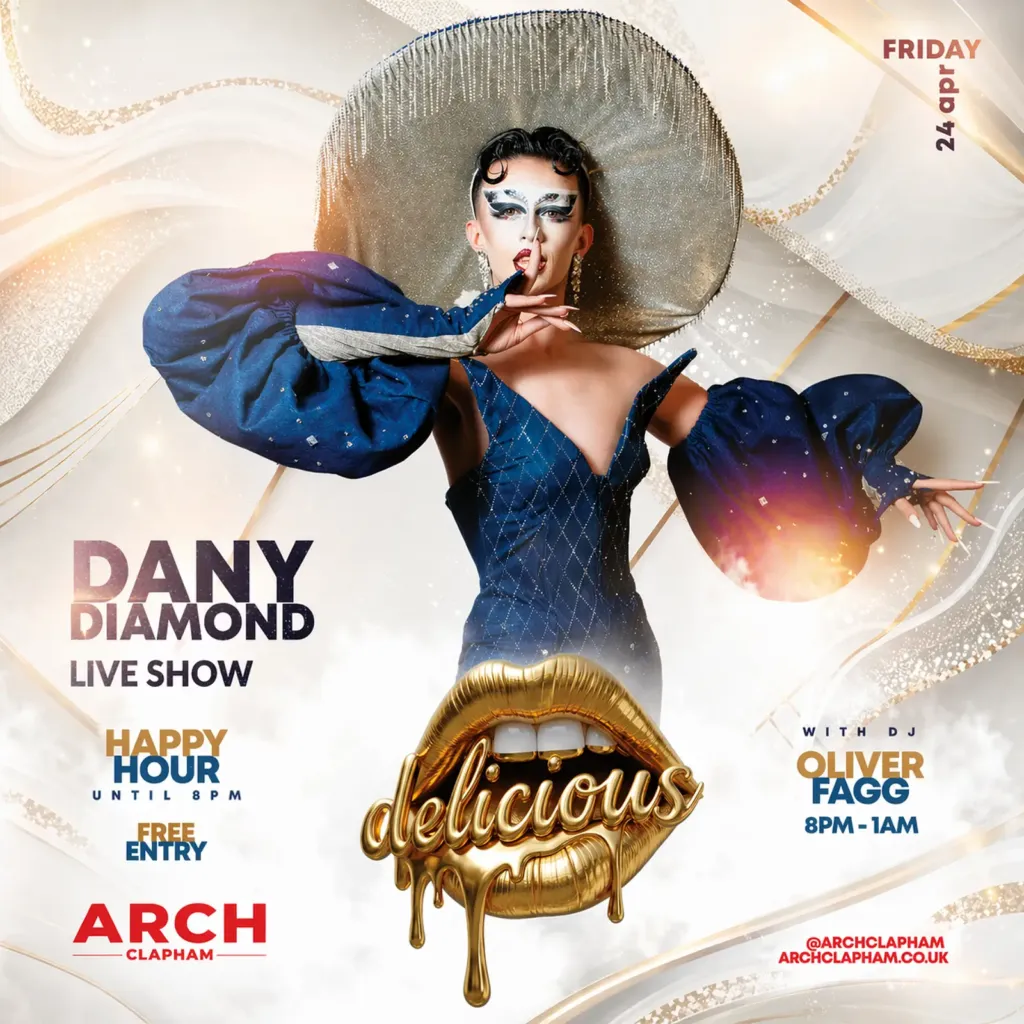 Promotional poster for Delicious Friday at Arch Clapham featuring a drag performer and DJ, vibrant colours, event details and party atmosphere.