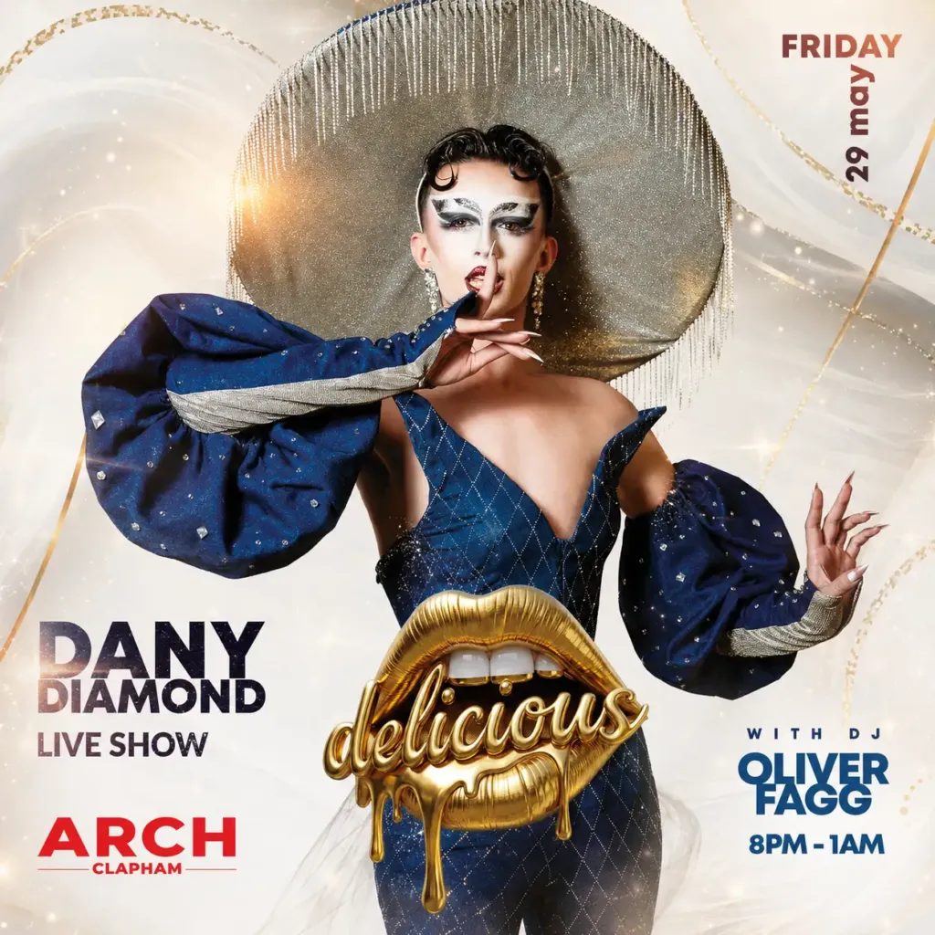 Promotional poster for Delicious Friday at Arch Clapham featuring a drag performer and DJ, vibrant colours, event details and party atmosphere.