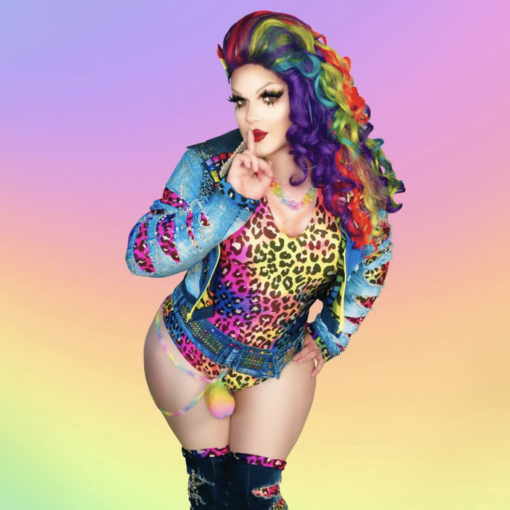 Promotional poster for Delicious Fridays at Arch Clapham featuring a drag performer and DJ, vibrant colours, event details and party atmosphere.