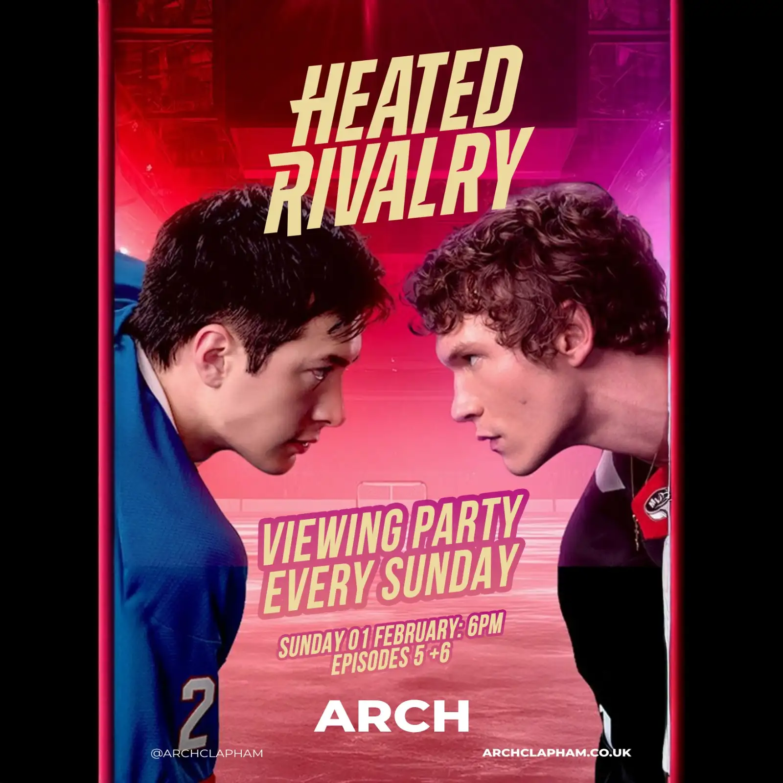 Promotional image for Heated Rivalry viewing party at Arch Clapham, showing two ice hockey players facing off under dramatic red and pink lighting