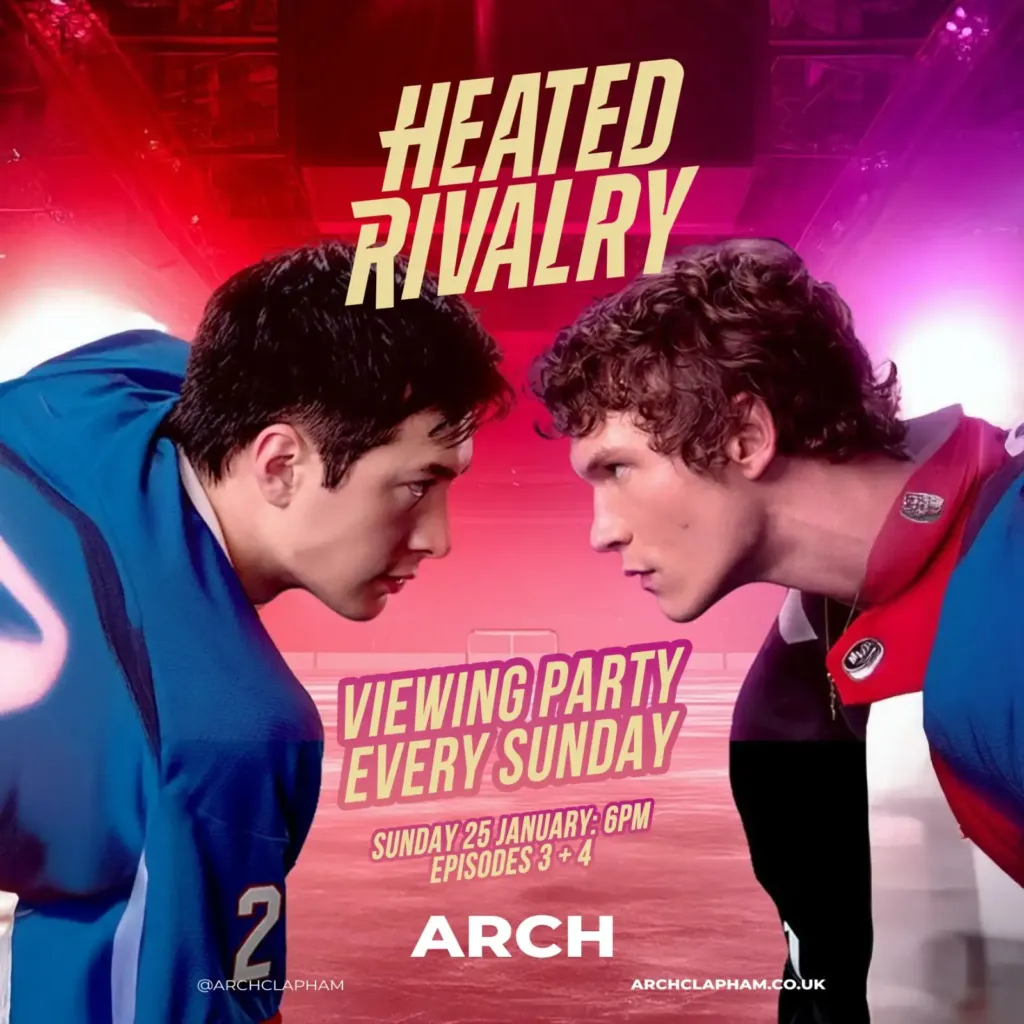 Promotional image for Heated Rivalry viewing party at Arch Clapham, showing two ice hockey players facing off under dramatic red and pink lighting