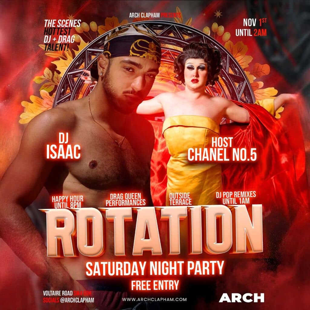 Poster for Rotation at Arch Clapham, the weekly DJ night featuring a rotating lineup of top DJs, vibrant graphics, and a lively club atmosphere.