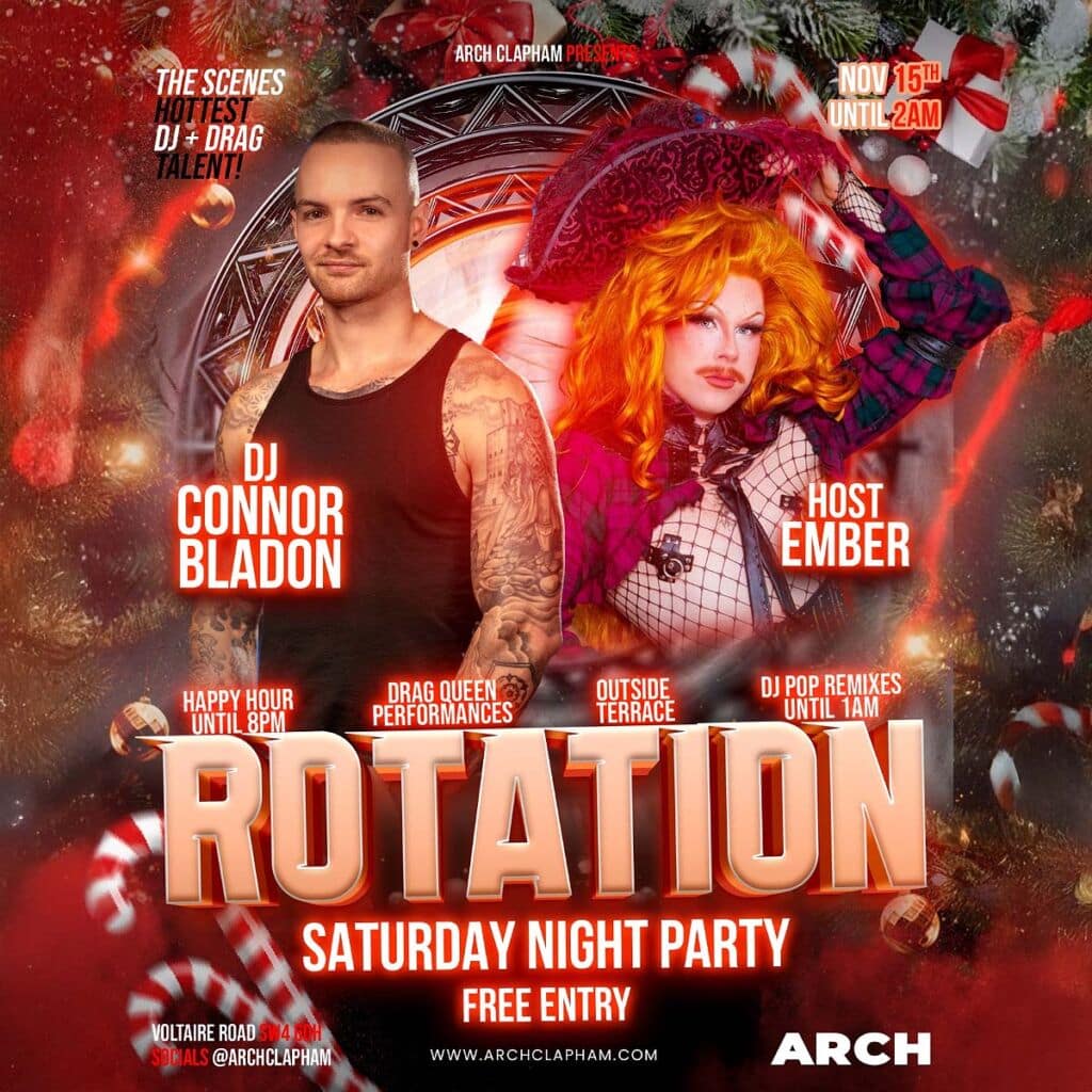 Poster for Rotation at Arch Clapham, the weekly DJ night featuring a rotating lineup of top DJs, vibrant graphics, and a lively club atmosphere.