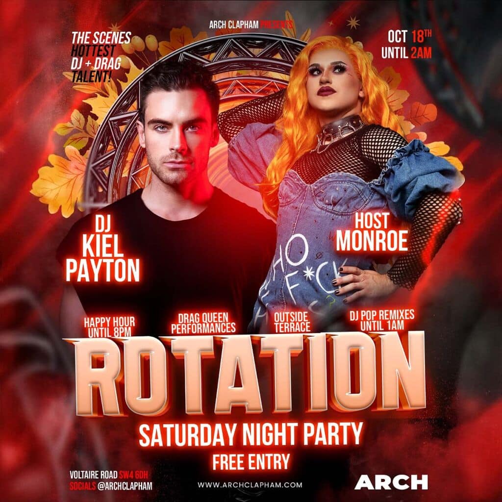 Poster for Rotation at Arch Clapham, the weekly DJ night featuring a rotating lineup of top DJs, vibrant graphics, and a lively club atmosphere.