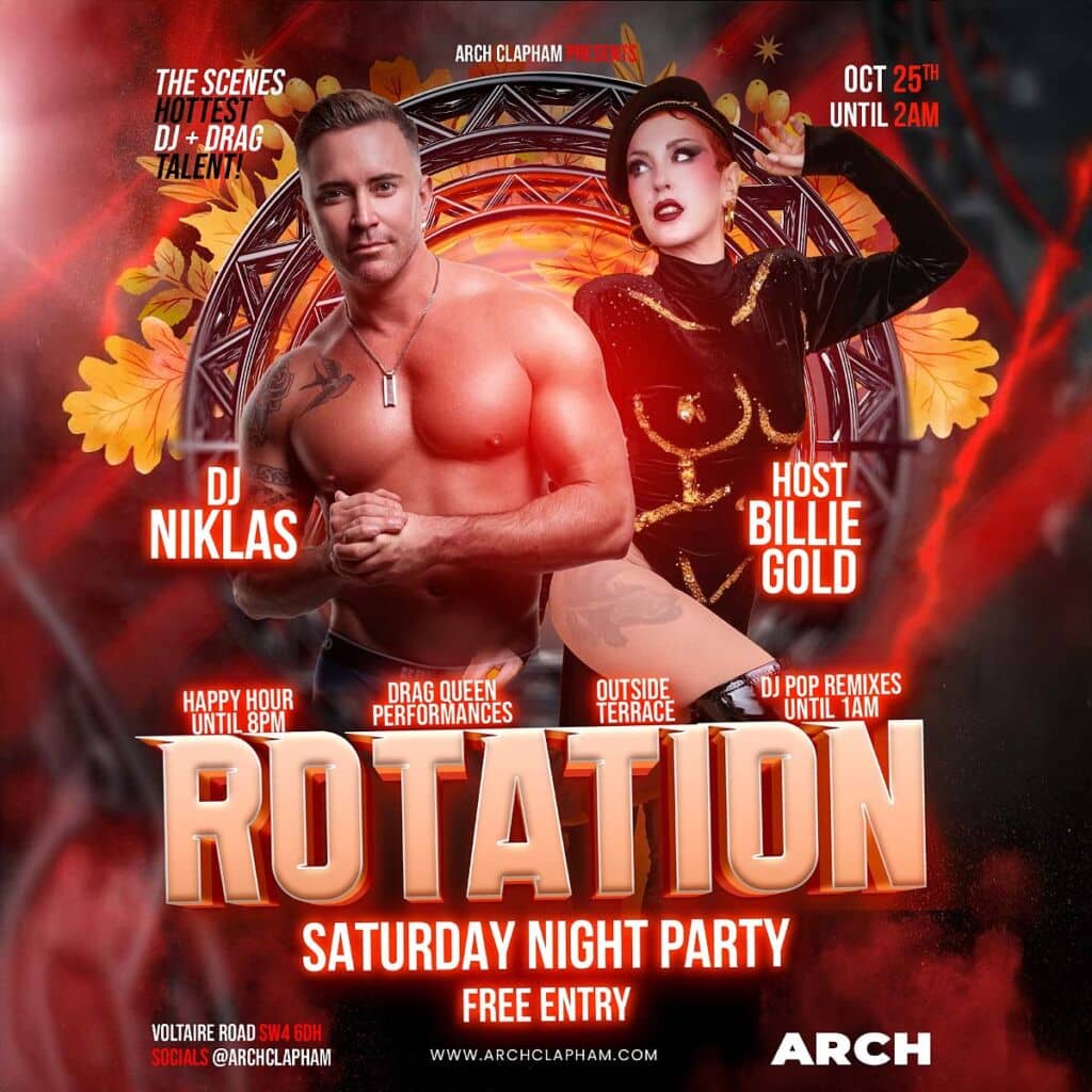 Poster for Rotation at Arch Clapham, the weekly DJ night featuring a rotating lineup of top DJs, vibrant graphics, and a lively club atmosphere.