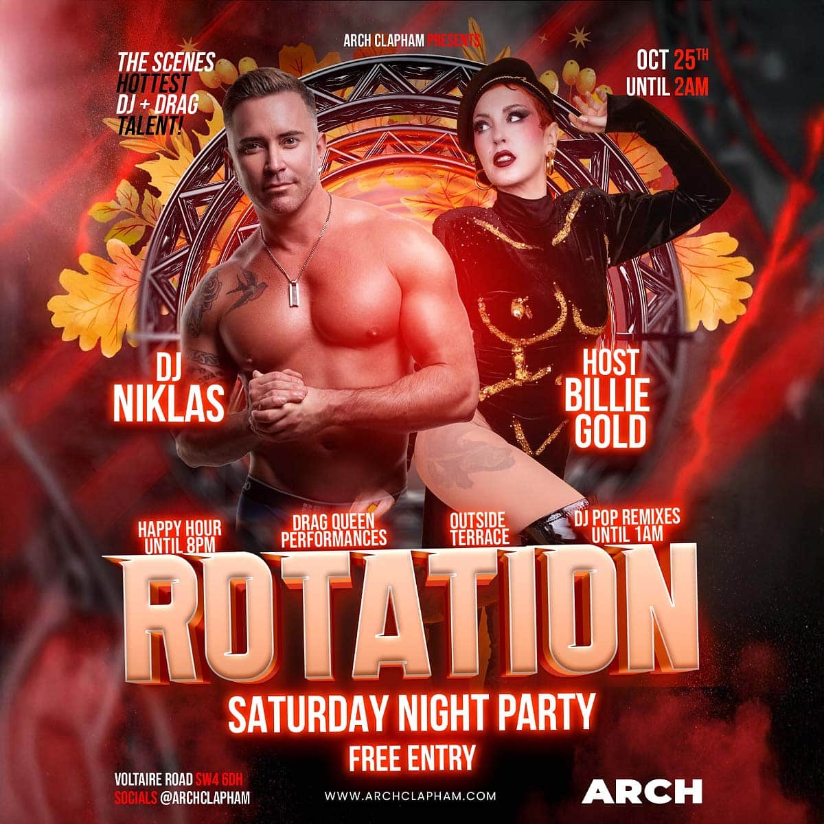 Poster for Rotation at Arch Clapham, the weekly DJ night featuring a rotating lineup of top DJs, vibrant graphics, and a lively club atmosphere.
