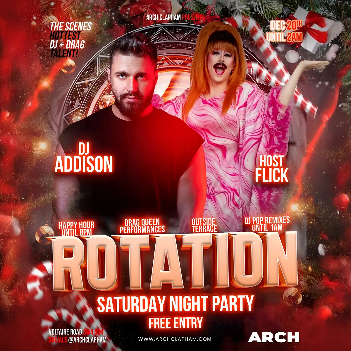Poster for Rotation at Arch Clapham, the weekly DJ night featuring a rotating lineup of top DJs, vibrant graphics, and a lively club atmosphere.