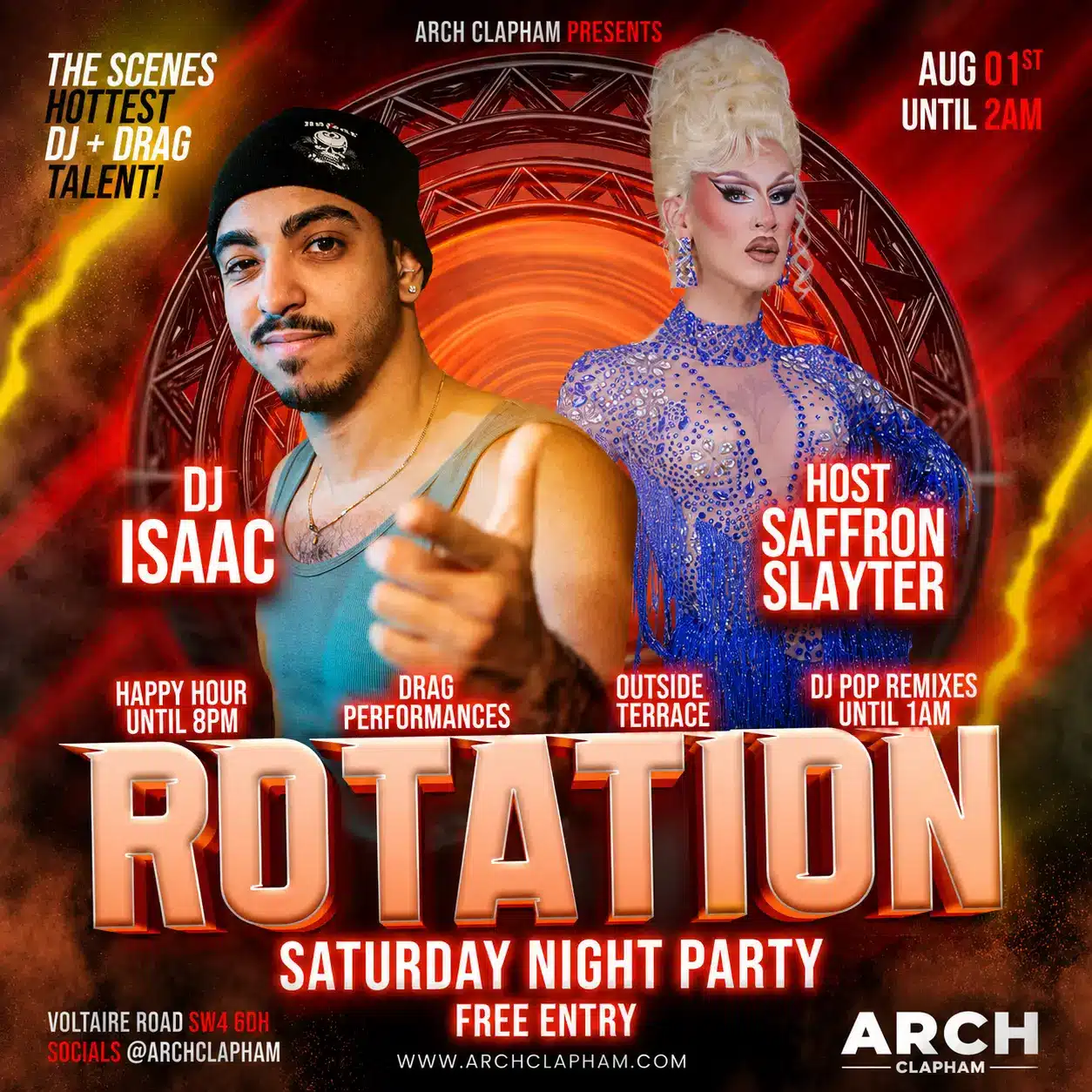 Rotation Saturday Night Party at Arch Clapham on 1 August, featuring DJ Isaac and host Saffron Slayter, with drag performances, happy hour and free entry.