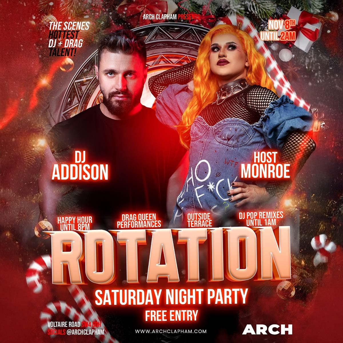 Poster for Rotation at Arch Clapham, the weekly DJ night featuring a rotating lineup of top DJs, vibrant graphics, and a lively club atmosphere.