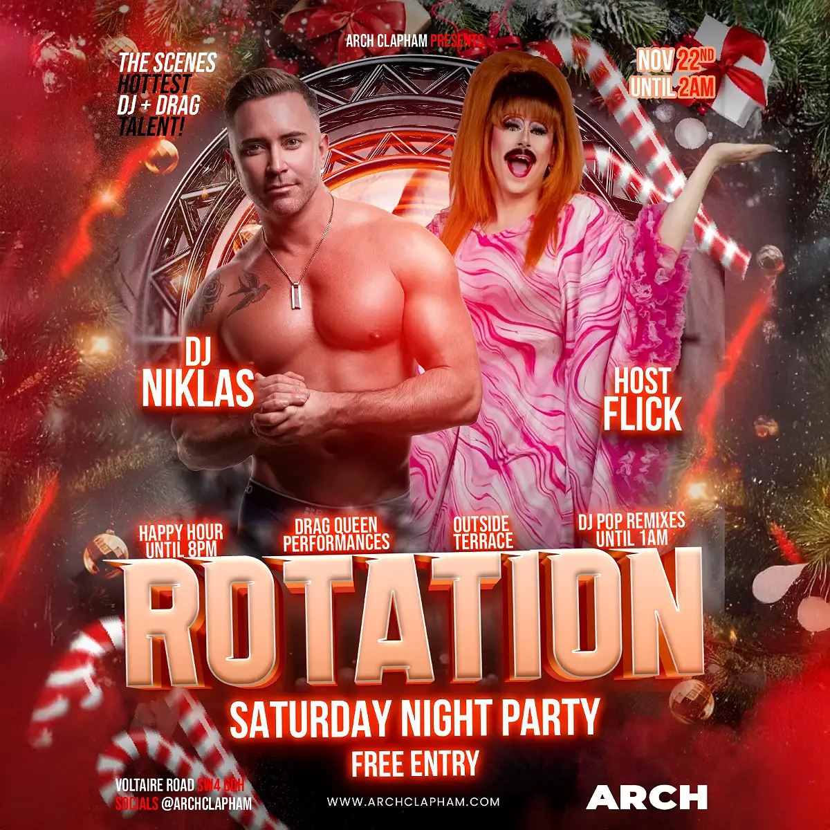 Poster for Rotation at Arch Clapham, the weekly DJ night featuring a rotating lineup of top DJs, vibrant graphics, and a lively club atmosphere.