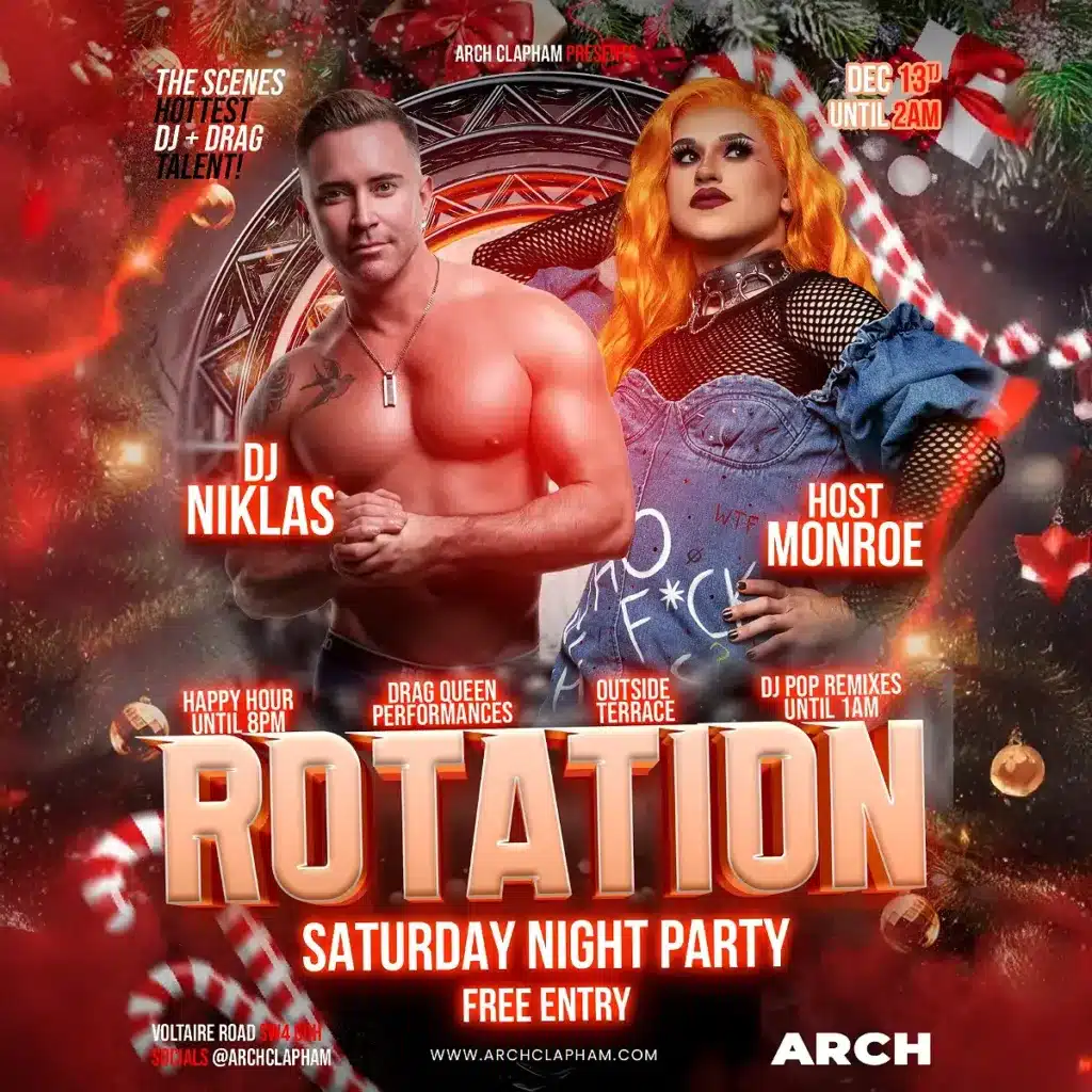 Poster for Rotation at Arch Clapham, the weekly DJ night featuring a rotating lineup of top DJs, vibrant graphics, and a lively club atmosphere.