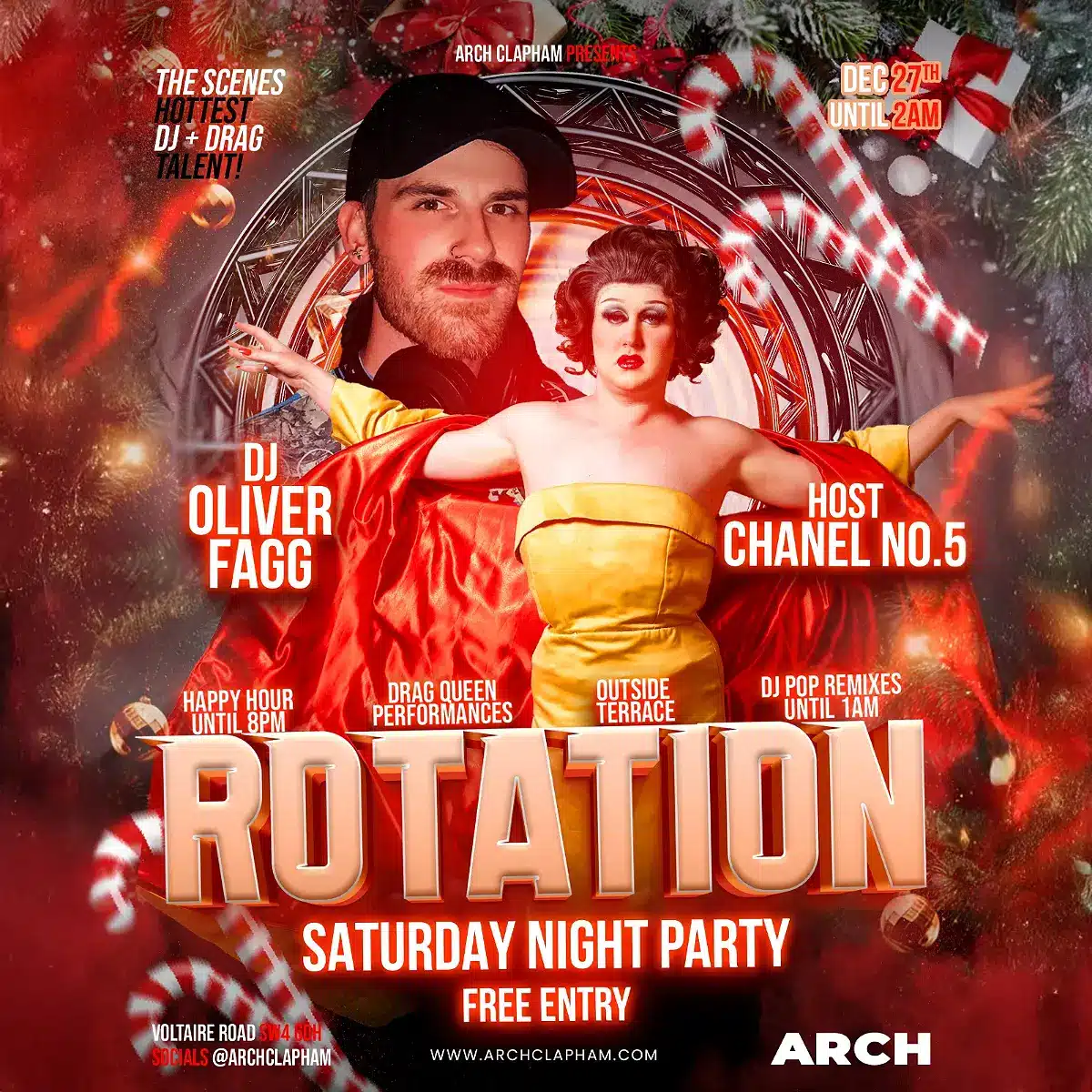 Poster for Rotation at Arch Clapham, the weekly DJ night featuring a rotating lineup of top DJs, vibrant graphics, and a lively club atmosphere.