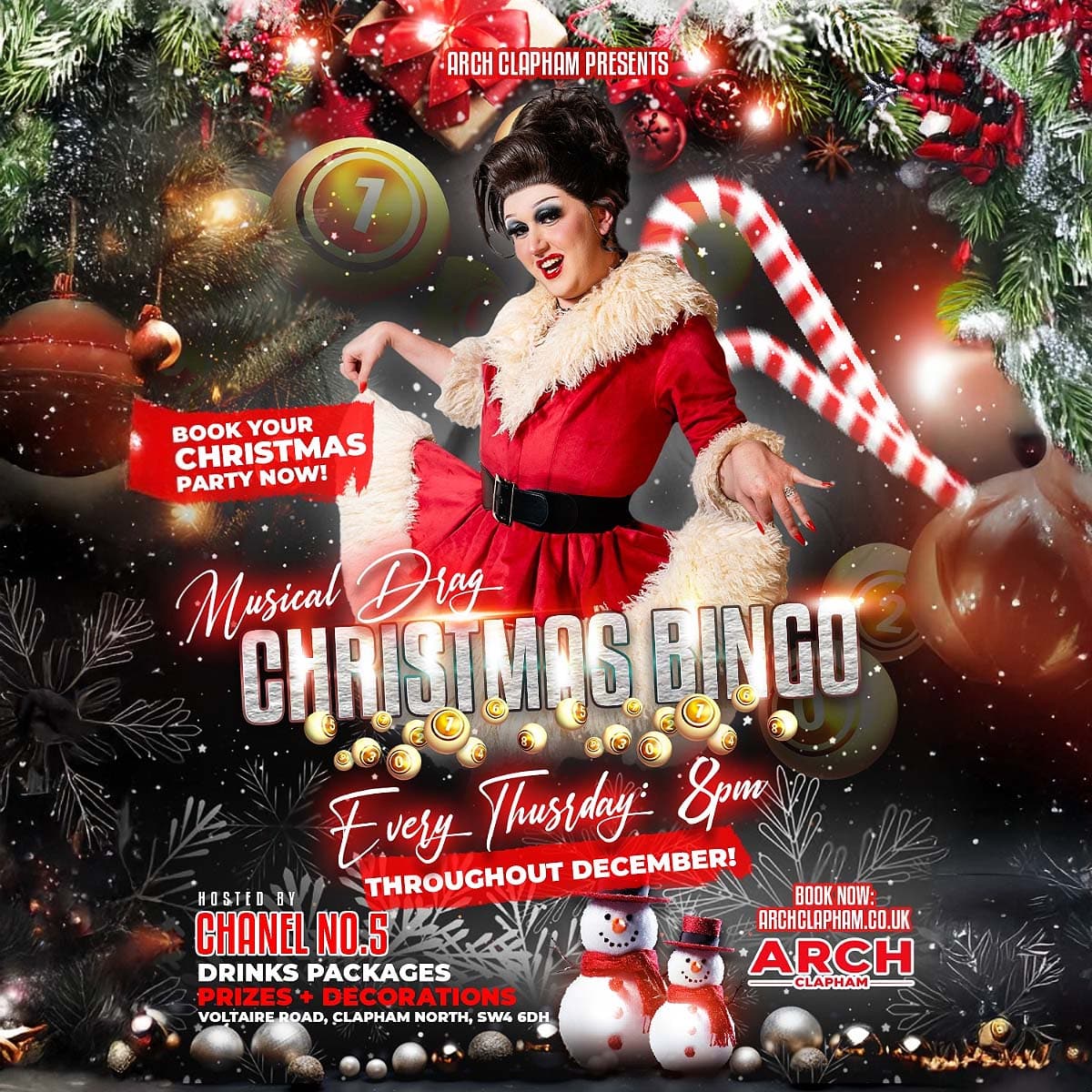 Poster for Musical Drag Christmas Bingo at Arch Clapham, showing a drag performer in a red festive outfit surrounded by Christmas decorations and candy canes.