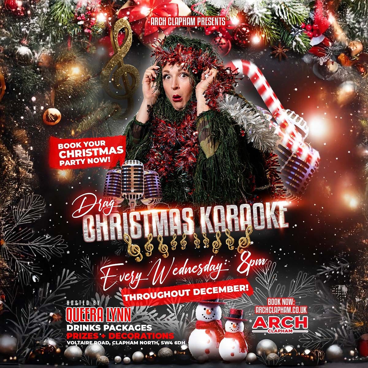Poster for Drag Christmas Karaoke at Arch Clapham, featuring festive decorations, a drag performer wrapped in tinsel, and event details for Wednesday nights in December.
