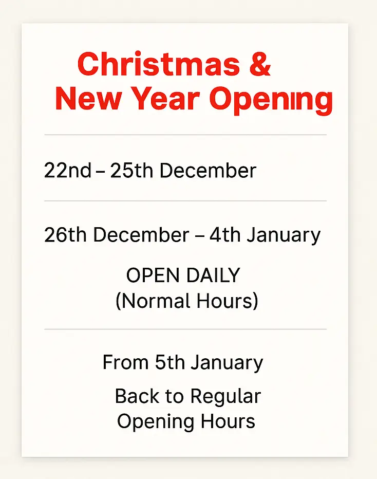 Arch Clapham Christmas and New Year opening hours showing closure from 22nd to 25th December and daily opening from 26th December to 4th January.