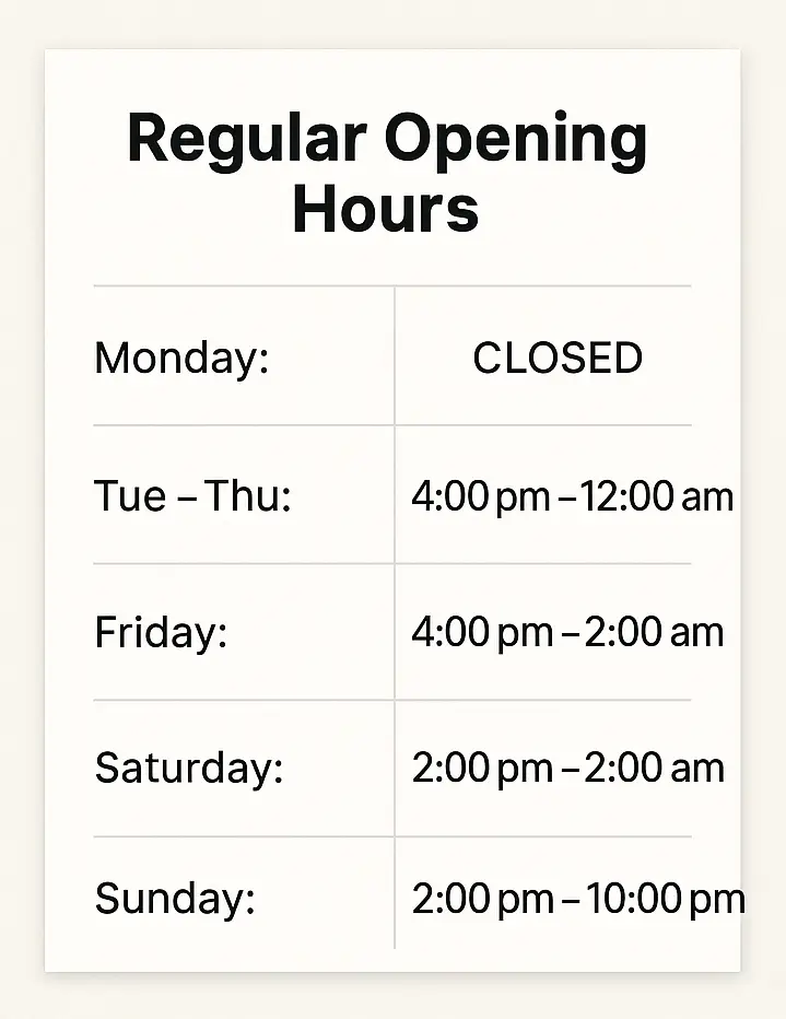 Arch Clapham regular opening hours showing weekday and weekend times, with Monday closed and late-night opening Friday and Saturday.
