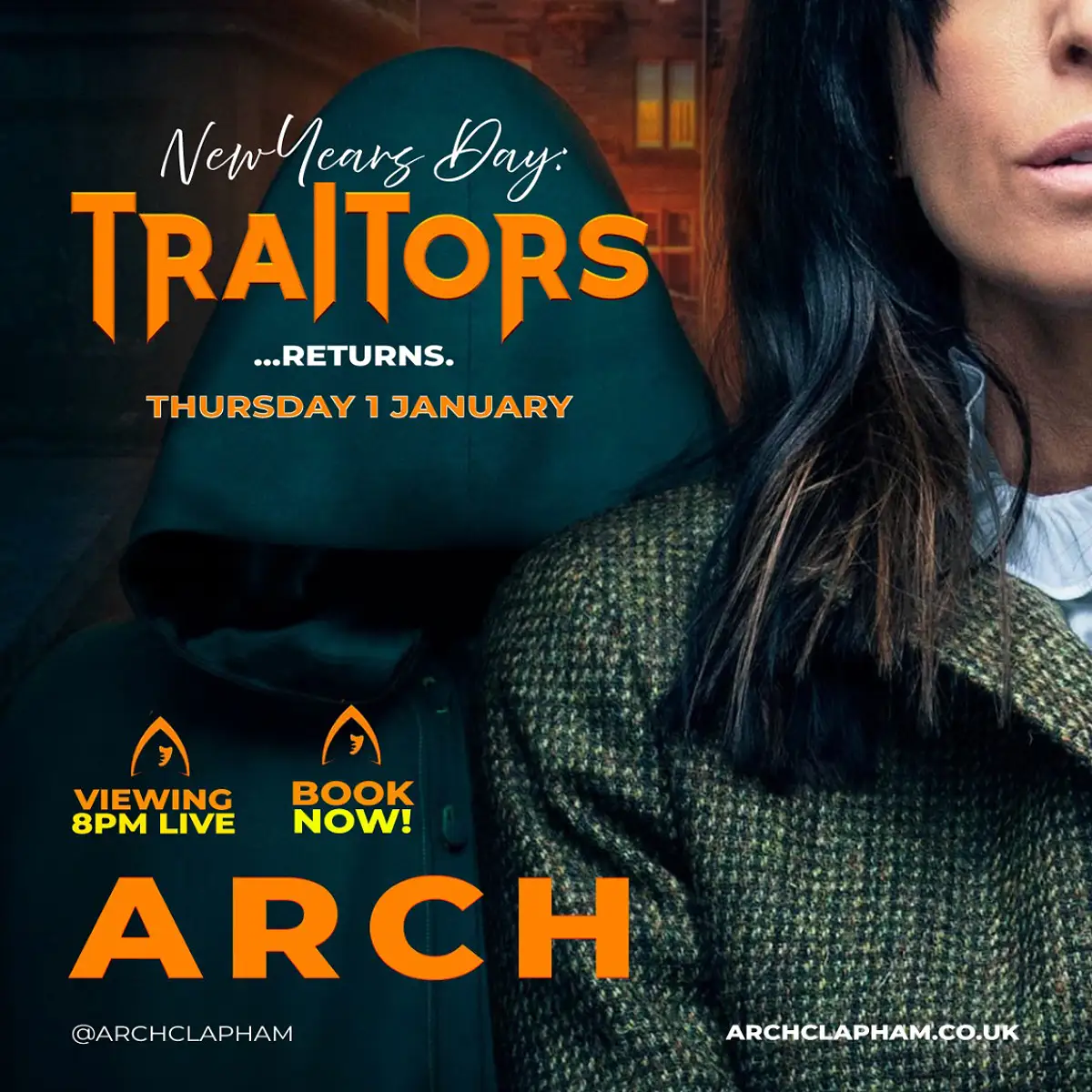 Promotional poster for Arch Clapham showing a dramatic night-time castle backdrop with the text “New Year’s Day: Traitors Returns,” announcing a live viewing at 8pm on Thursday 1 January, with Arch Clapham branding and booking details.