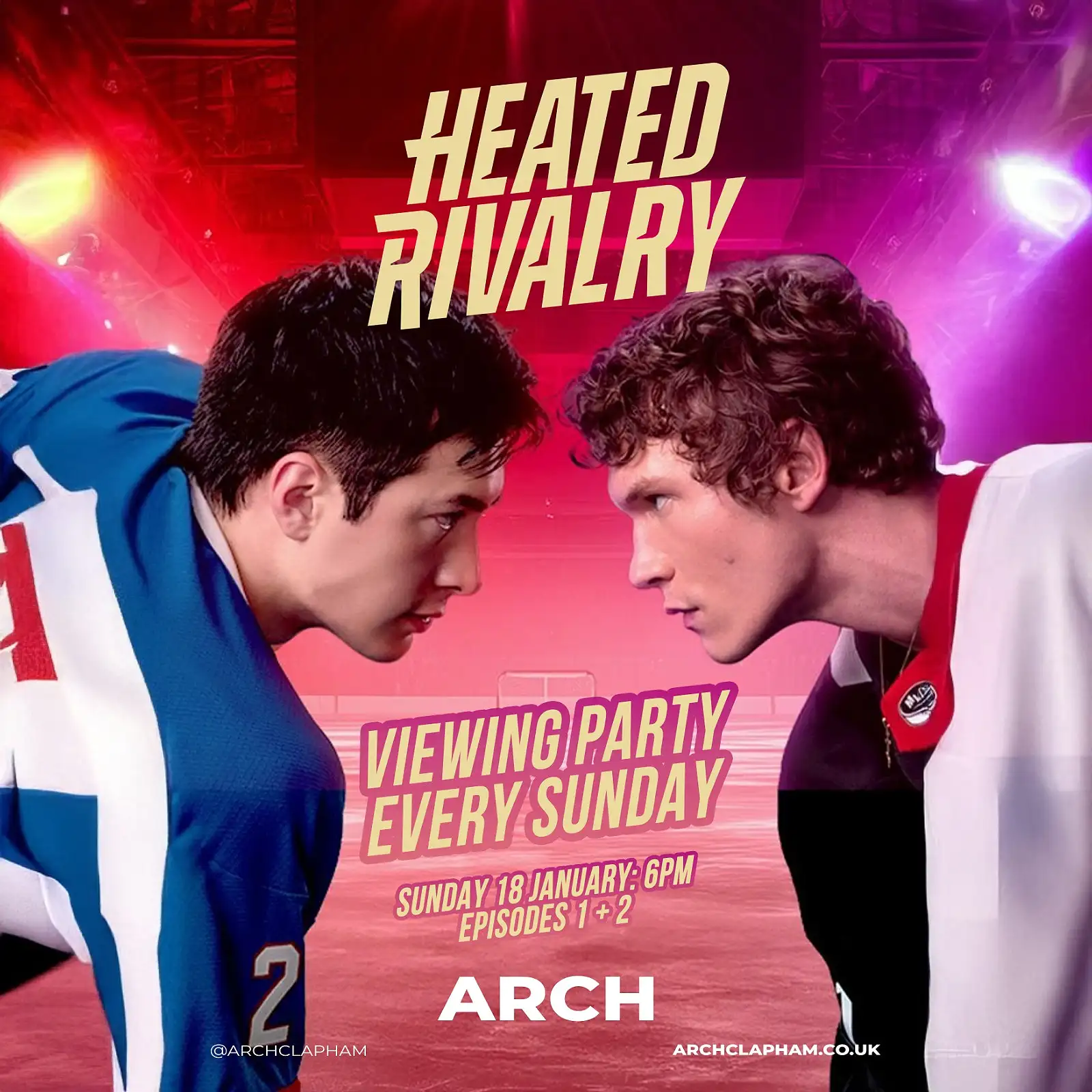 Promotional image for Heated Rivalry viewing party at Arch Clapham, showing two ice hockey players facing off under dramatic red and pink lighting