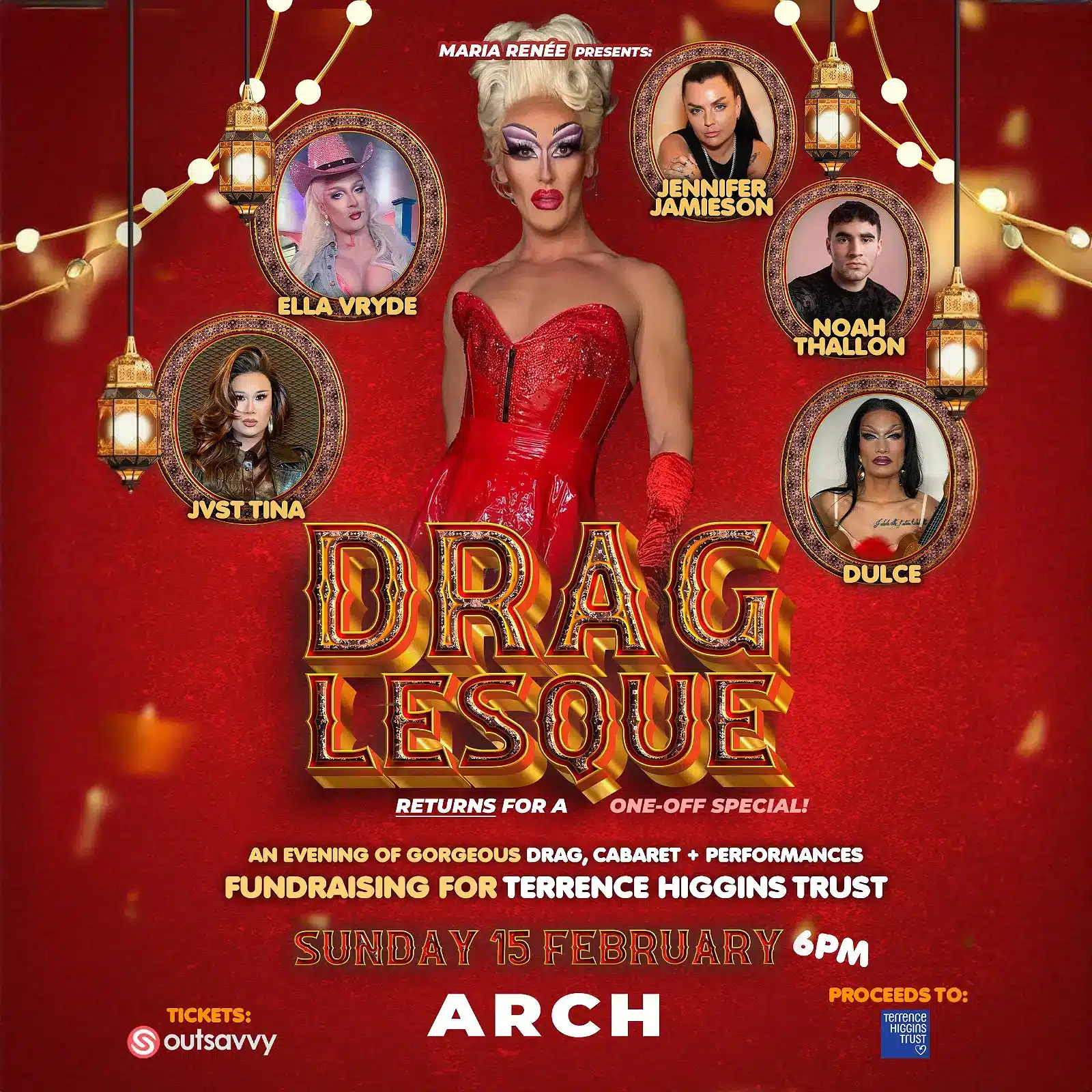 Maria Renee Draglesque 1 Promotional poster for Maria Renée’s Draglesque at Arch Clapham, featuring drag and cabaret performers with live music, fundraising for Terrence Higgins Trust.