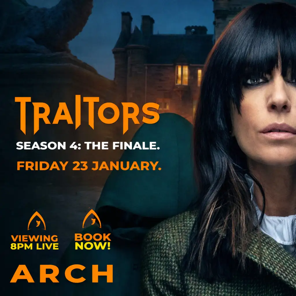 Promotional poster for The Traitors season finale live screening at Arch Clapham, featuring dramatic artwork and event details for an evening viewing with cocktails and big screens.
