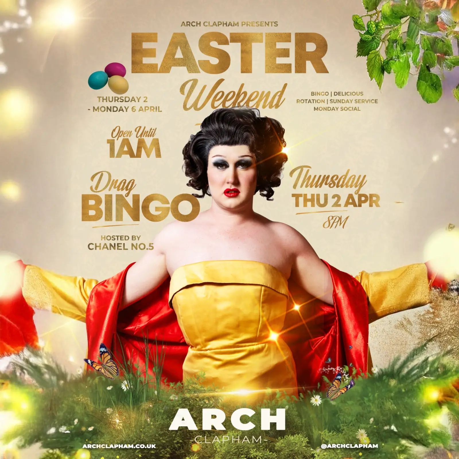 Promotional poster for Arch Easter Weekend Thursday at Arch Clapham, featuring Drag Bingo with live entertainment and evening drinks