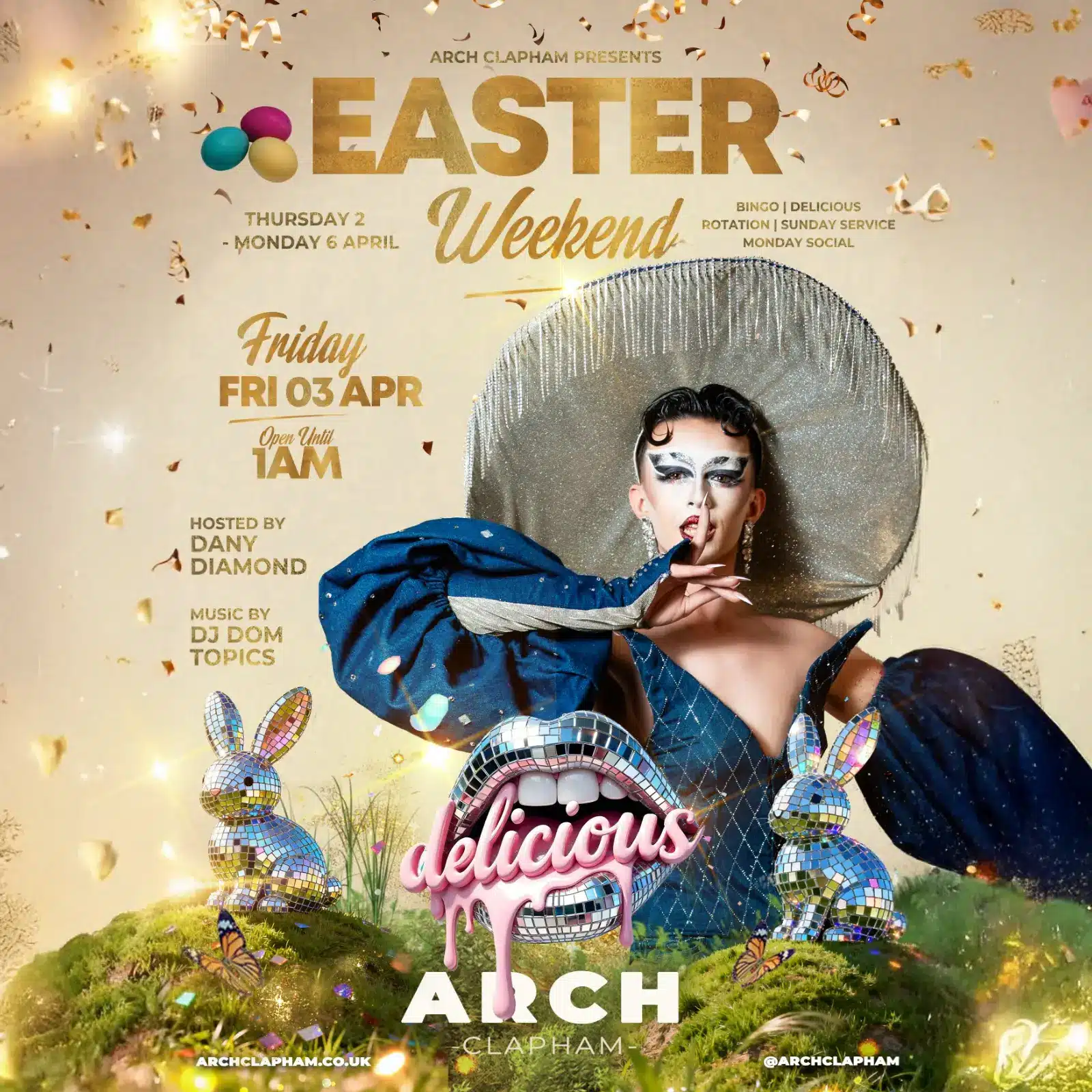 Promotional poster for Arch Easter Weekend Friday at Arch Clapham, featuring DJs, drag hosts and late-night party atmosphere