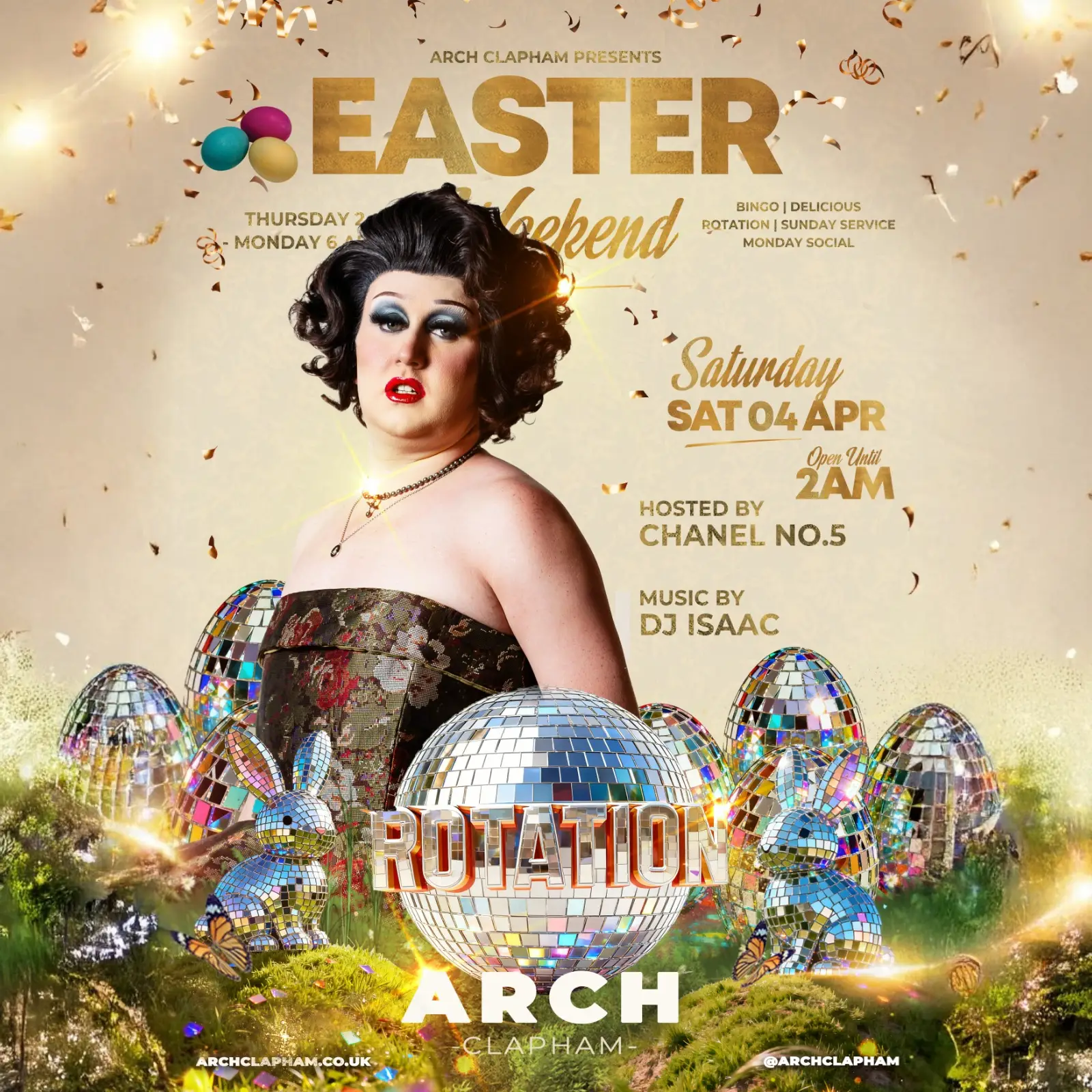 Promotional poster for Arch Easter Weekend Saturday at Arch Clapham, featuring DJs, dancing and all-day to late-night party energy