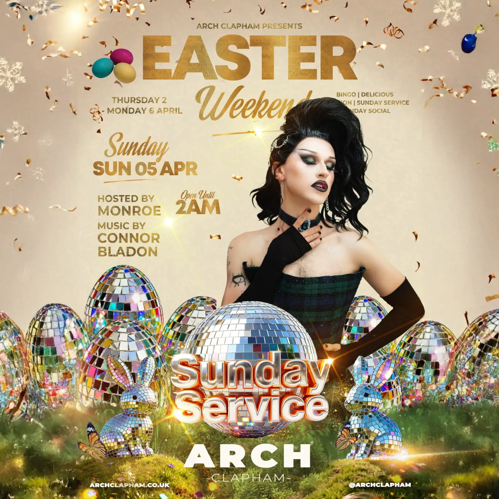 Promotional poster for Arch Easter Weekend Sunday at Arch Clapham, featuring DJs, drag hosts and high-energy weekend celebrations