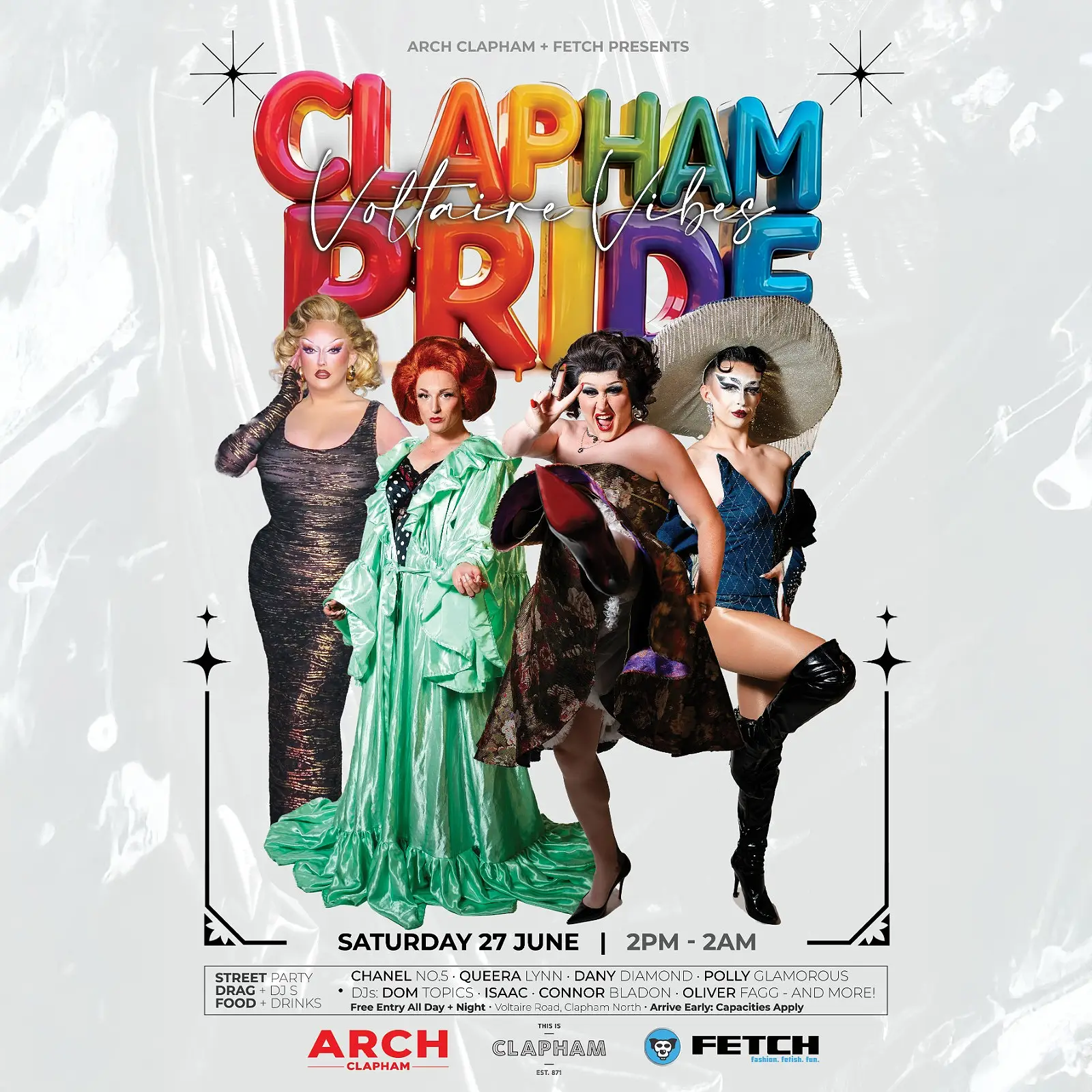 Promotional poster for Clapham Pride 2026 at Arch Clapham, featuring drag performers and DJs for a street party on 27 June from 2pm to 2am with free entry.