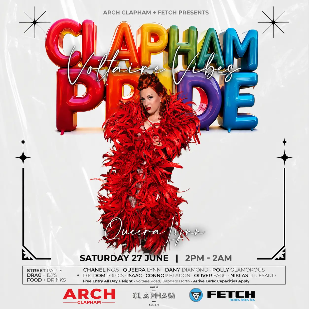 Clapham Pride event artwork featuring drag performers in red outfits, rainbow Pride lettering and details for the Arch Clapham and Fetch street party.