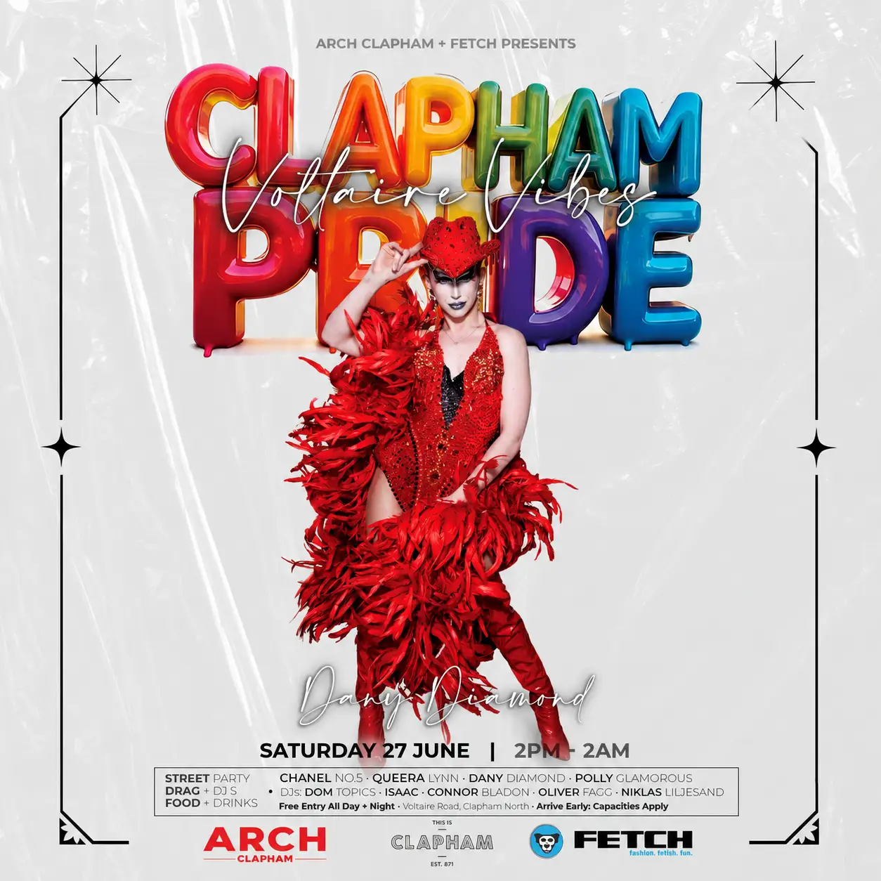 Clapham Pride event artwork featuring drag performers in red outfits, rainbow Pride lettering and details for the Arch Clapham and Fetch street party.