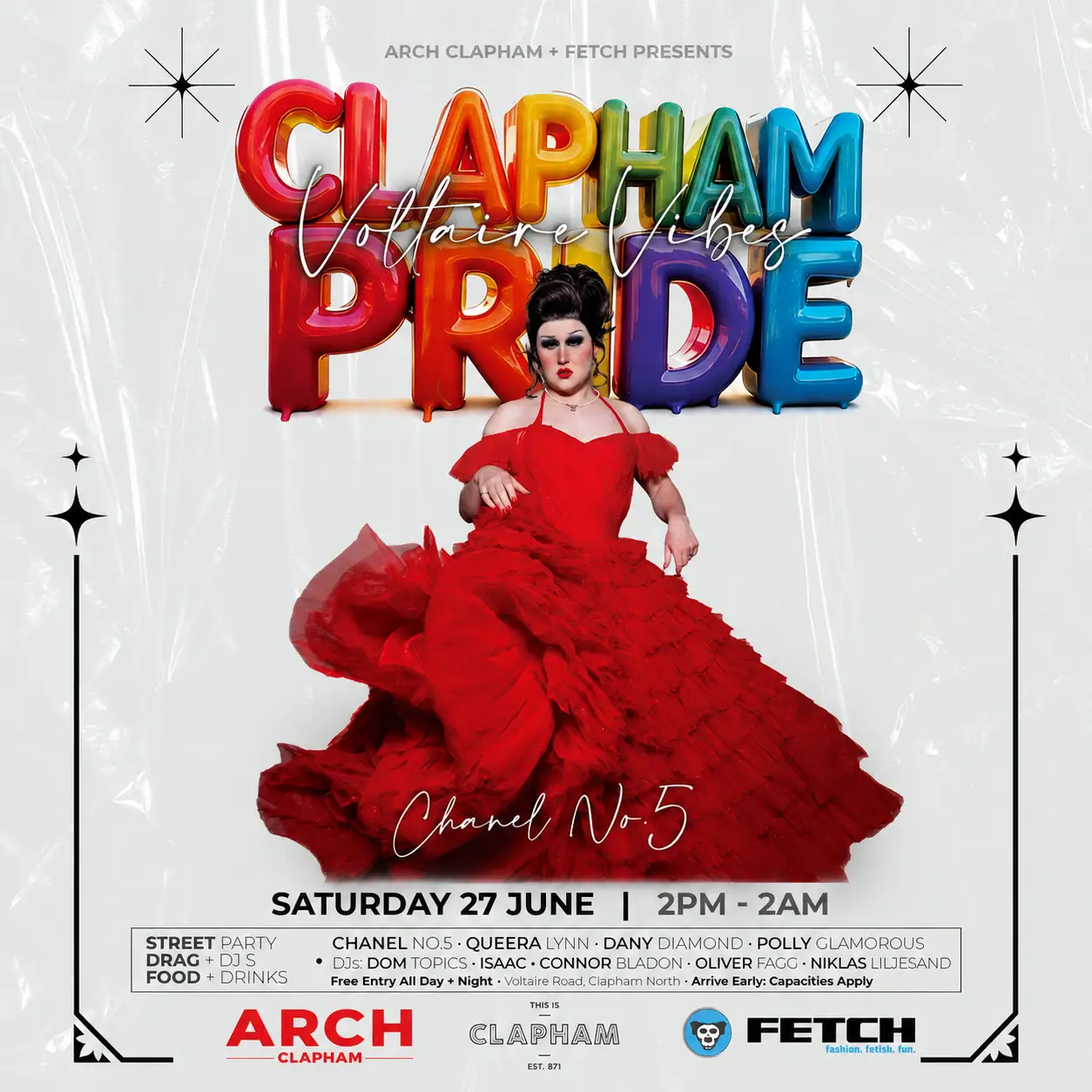 Clapham Pride event artwork featuring drag performers in red outfits, rainbow Pride lettering and details for the Arch Clapham and Fetch street party.