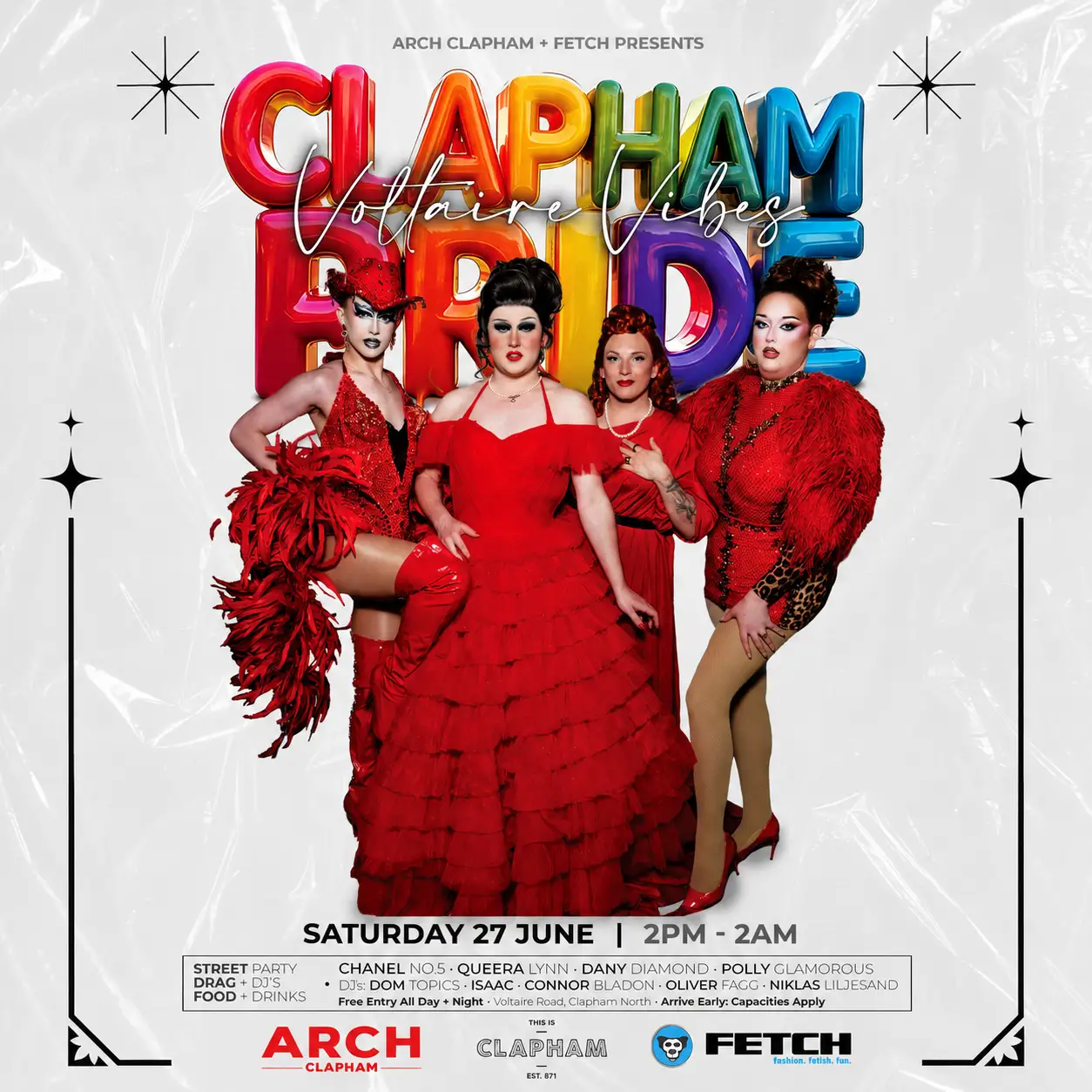 Clapham Pride event artwork featuring drag performers in red outfits, rainbow Pride lettering and details for the Arch Clapham and Fetch street party.
