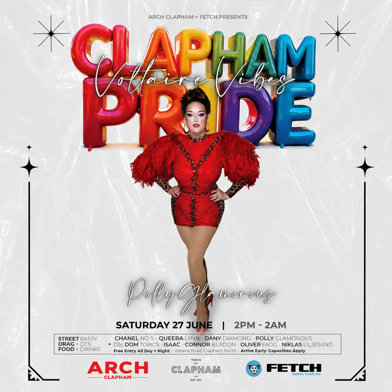 Clapham Pride event artwork featuring drag performers in red outfits, rainbow Pride lettering and details for the Arch Clapham and Fetch street party.