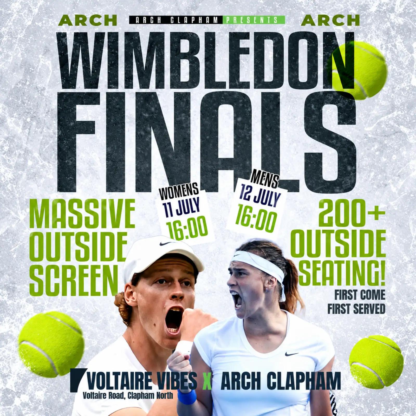 Wimbledon Finals event artwork for Arch Clapham, featuring tennis players, tennis balls, massive outside screen, 200+ outside seating and match dates for July.