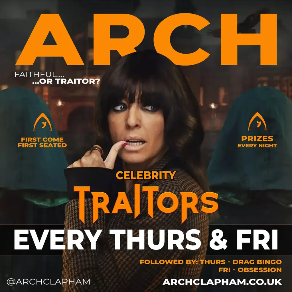 Celebrity Traitors 2026 at Arch Clapham, showing every episode live from Thursday 1 October, with prizes every night and a dark castle-themed design.