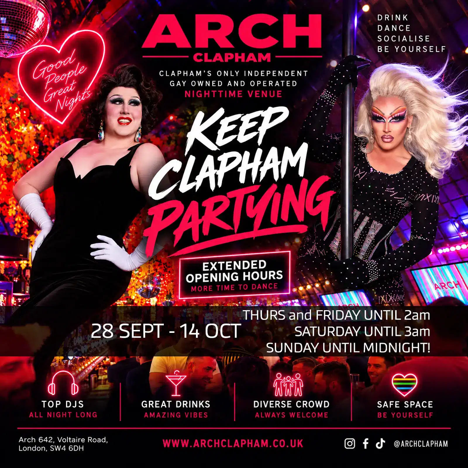 Arch Clapham’s Keep Clapham Partying poster advertising extended opening hours from 28 September to 14 October