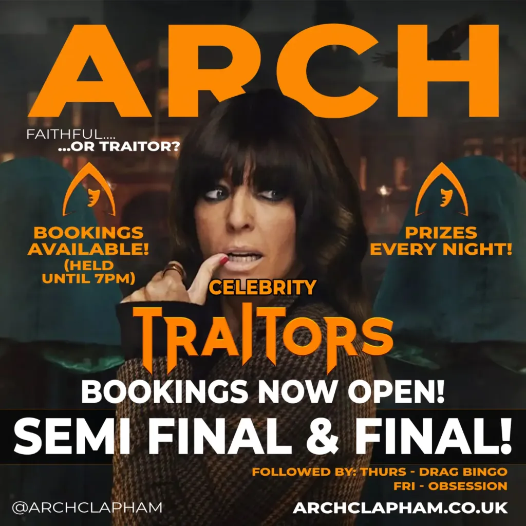 Celebrity Traitors 2026 at Arch Clapham, showing every episode live from Thursday 1 October, with prizes every night and a dark castle-themed design.